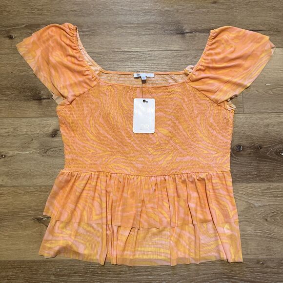 Dr 2 Women’s XL Orange Peplum Smocked Off The Shoulder Flutter Ruffle Blouse - Picture 1 of 6